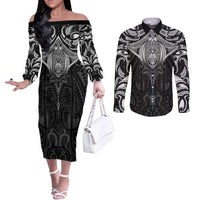 New Zealand Aotearoa Couples Matching Off The Shoulder Long Sleeve Dress and Long Sleeve Button Shirt Maori Manta Ray Moko Black LT05 Black - Polynesian Pride