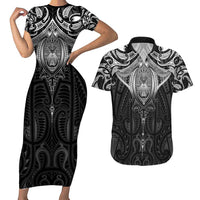 New Zealand Aotearoa Couples Matching Short Sleeve Bodycon Dress and Hawaiian Shirt Maori Manta Ray Moko Black LT05 Black - Polynesian Pride