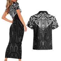 New Zealand Aotearoa Couples Matching Short Sleeve Bodycon Dress and Hawaiian Shirt Maori Manta Ray Moko Black LT05 - Polynesian Pride