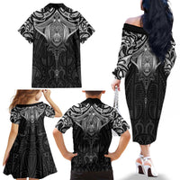 New Zealand Aotearoa Family Matching Off The Shoulder Long Sleeve Dress and Hawaiian Shirt Maori Manta Ray Moko Black LT05 - Polynesian Pride