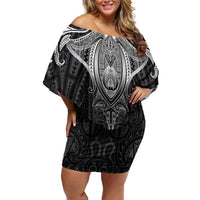New Zealand Aotearoa Family Matching Off Shoulder Short Dress and Hawaiian Shirt Maori Manta Ray Moko Black LT05 Mom's Dress Black - Polynesian Pride
