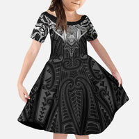 New Zealand Aotearoa Family Matching Tank Maxi Dress and Hawaiian Shirt Maori Manta Ray Moko Black LT05 Daughter's Dress Black - Polynesian Pride