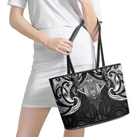New Zealand Aotearoa Leather Tote Bag Maori Manta Ray Moko Black - Polynesian Pride
