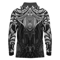 New Zealand Aotearoa Long Sleeve Polo Shirt Maori Manta Ray Moko Black LT05 - Polynesian Pride