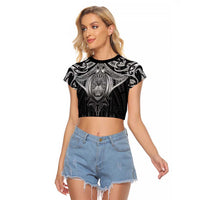 New Zealand Aotearoa Raglan Cropped T Shirt Maori Manta Ray Moko Black LT05 Female Black - Polynesian Pride
