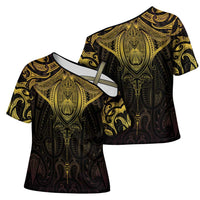 New Zealand Aotearoa Cross Shoulder Shirt Maori Manta Ray Moko Gold LT05 - Polynesian Pride