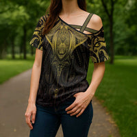New Zealand Aotearoa Cross Shoulder Shirt Maori Manta Ray Moko Gold LT05 - Polynesian Pride