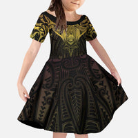 New Zealand Aotearoa Family Matching Off The Shoulder Long Sleeve Dress and Hawaiian Shirt Maori Manta Ray Moko Gold LT05 Daughter's Dress Gold - Polynesian Pride