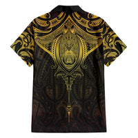 New Zealand Aotearoa Family Matching Off The Shoulder Long Sleeve Dress and Hawaiian Shirt Maori Manta Ray Moko Gold LT05 - Polynesian Pride