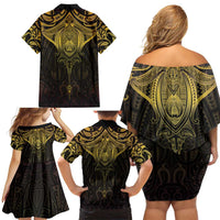 New Zealand Aotearoa Family Matching Off Shoulder Short Dress and Hawaiian Shirt Maori Manta Ray Moko Gold LT05 - Polynesian Pride