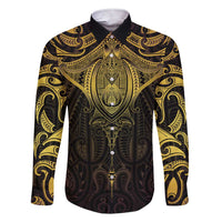 New Zealand Aotearoa Family Matching Short Sleeve Bodycon Dress and Hawaiian Shirt Maori Manta Ray Moko Gold LT05 Dad's Shirt - Long Sleeve Gold - Polynesian Pride
