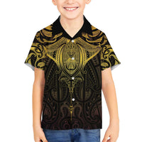 New Zealand Aotearoa Family Matching Tank Maxi Dress and Hawaiian Shirt Maori Manta Ray Moko Gold LT05 Son's Shirt Gold - Polynesian Pride