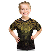 New Zealand Aotearoa Kid T Shirt Maori Manta Ray Moko Gold LT05 Gold - Polynesian Pride