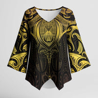 New Zealand Aotearoa Kimono Sleeve Blouse Maori Manta Ray Moko Gold LT05 Female Gold - Polynesian Pride