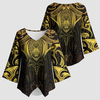 New Zealand Aotearoa Kimono Sleeve Blouse Maori Manta Ray Moko Gold LT05 - Polynesian Pride