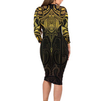New Zealand Aotearoa Long Sleeve Bodycon Dress Maori Manta Ray Moko Gold LT05 - Polynesian Pride