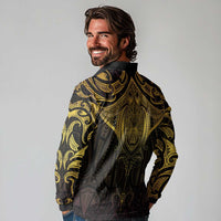 New Zealand Aotearoa Long Sleeve Polo Shirt Maori Manta Ray Moko Gold LT05 - Polynesian Pride