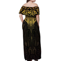 New Zealand Aotearoa Off Shoulder Maxi Dress Maori Manta Ray Moko Gold LT05 - Polynesian Pride