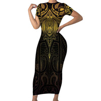 New Zealand Aotearoa Short Sleeve Bodycon Dress Maori Manta Ray Moko Gold LT05 Long Dress Gold - Polynesian Pride