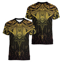 New Zealand Aotearoa Women V-Neck T-Shirt Maori Manta Ray Moko Gold LT05 - Polynesian Pride