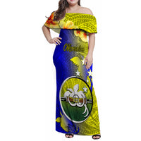 Personalized Papua New Guinea Morobe Province Family Matching Off Shoulder Maxi Dress and Hawaiian Shirt Mix Coat Of Arms Polynesian Pattern LT05 Mom's Dress Yellow - Polynesian Pride