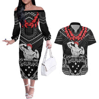 Custom Samoa Wrestling Couples Matching Off The Shoulder Long Sleeve Dress and Hawaiian Shirt Samoan Wrestler Ulafala Style LT05 Black - Polynesian Pride
