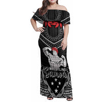 Custom Samoa Wrestling Family Matching Off Shoulder Maxi Dress and Hawaiian Shirt Samoan Wrestler Ulafala Style LT05 Mom's Dress Black - Polynesian Pride