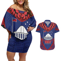 Personalised FAST Party Samoa Couples Matching Off Shoulder Short Dress and Hawaiian Shirt Samoan Coat Of Arms Ulafala Style LT05 Blue - Polynesian Pride