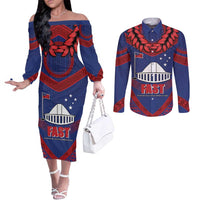 Personalised FAST Party Samoa Couples Matching Off The Shoulder Long Sleeve Dress and Long Sleeve Button Shirt Samoan Coat Of Arms Ulafala Style LT05 Blue - Polynesian Pride