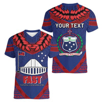 Personalised FAST Party Samoa Women V-Neck T-Shirt Samoan Coat Of Arms Ulafala Style LT05 - Polynesian Pride
