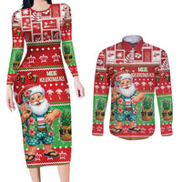 Mele Kalikimaka Hawaii Christmas Couples Matching Long Sleeve Bodycon Dress and Long Sleeve Button Shirt Funny Santa 67 Gen Alpha Slang LT05 Red - Polynesian Pride