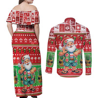 Mele Kalikimaka Hawaii Christmas Couples Matching Off Shoulder Maxi Dress and Long Sleeve Button Shirt Funny Santa 67 Gen Alpha Slang LT05 - Polynesian Pride