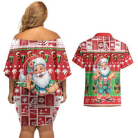 Mele Kalikimaka Hawaii Christmas Couples Matching Off Shoulder Short Dress and Hawaiian Shirt Funny Santa 67 Gen Alpha Slang LT05 - Polynesian Pride