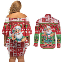 Mele Kalikimaka Hawaii Christmas Couples Matching Off Shoulder Short Dress and Long Sleeve Button Shirt Funny Santa 67 Gen Alpha Slang LT05 - Polynesian Pride
