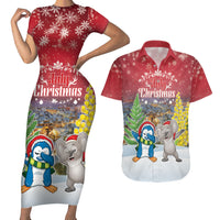 Personalised Christmas In July Couples Matching Short Sleeve Bodycon Dress and Hawaiian Shirt Funny Dabbing Dance Koala And Blue Penguins LT05 Red - Polynesian Pride