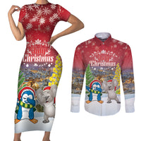 Personalised Christmas In July Couples Matching Short Sleeve Bodycon Dress and Long Sleeve Button Shirt Funny Dabbing Dance Koala And Blue Penguins LT05 Red - Polynesian Pride