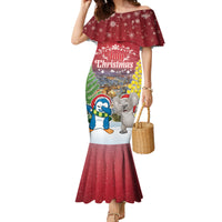 Personalised Christmas In July Family Matching Mermaid Dress and Hawaiian Shirt Funny Dabbing Dance Koala And Blue Penguins LT05 Mom's Dress Red - Polynesian Pride