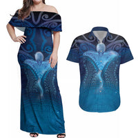 Polynesia Manta Ray Couples Matching Off Shoulder Maxi Dress and Hawaiian Shirt Let's The Sea Set You Free LT05 Blue - Polynesian Pride