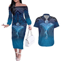 Polynesia Manta Ray Couples Matching Off The Shoulder Long Sleeve Dress and Hawaiian Shirt Let's The Sea Set You Free LT05 Blue - Polynesian Pride