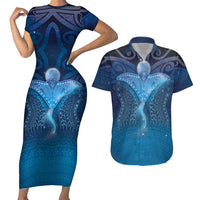 Polynesia Manta Ray Couples Matching Short Sleeve Bodycon Dress and Hawaiian Shirt Let's The Sea Set You Free LT05 Blue - Polynesian Pride