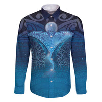 Polynesia Manta Ray Family Matching Puletasi and Hawaiian Shirt Let's The Sea Set You Free LT05 Dad's Shirt - Long Sleeve Blue - Polynesian Pride