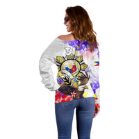 Filipino American History Month Off Shoulder Sweater The Eight-Rayed Sun Flags With Bald Eagle LT05 - Polynesian Pride