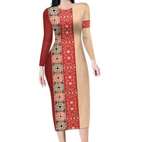 Papua New Guinea Family Matching Long Sleeve Bodycon Dress and Hawaiian Shirt Oro Tapa Pattern LT05 Mom's Dress Beige - Polynesian Pride