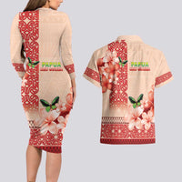 Papua New Guinea Oro Province Couples Matching Long Sleeve Bodycon Dress and Hawaiian Shirt Oro Birdwing Butterfly LT05 - Polynesian Pride