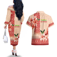 Papua New Guinea Oro Province Couples Matching Off The Shoulder Long Sleeve Dress and Hawaiian Shirt Oro Birdwing Butterfly LT05 - Polynesian Pride