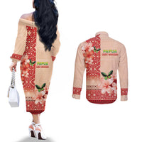 Papua New Guinea Oro Province Couples Matching Off The Shoulder Long Sleeve Dress and Long Sleeve Button Shirt Oro Birdwing Butterfly LT05 - Polynesian Pride