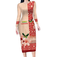 Papua New Guinea Oro Province Family Matching Long Sleeve Bodycon Dress and Hawaiian Shirt Oro Birdwing Butterfly LT05 Mom's Dress Beige - Polynesian Pride