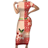 Papua New Guinea Oro Province Family Matching Short Sleeve Bodycon Dress and Hawaiian Shirt Oro Birdwing Butterfly LT05 Mom's Dress Beige - Polynesian Pride