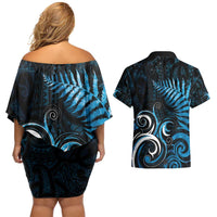 New Zealand Sea Week Couples Matching Off Shoulder Short Dress and Hawaiian Shirt Maori Wave Pattern Ocean Blue LT05 - Polynesian Pride