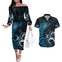 New Zealand Sea Week Couples Matching Off The Shoulder Long Sleeve Dress and Hawaiian Shirt Maori Wave Pattern Ocean Blue LT05 Blue - Polynesian Pride